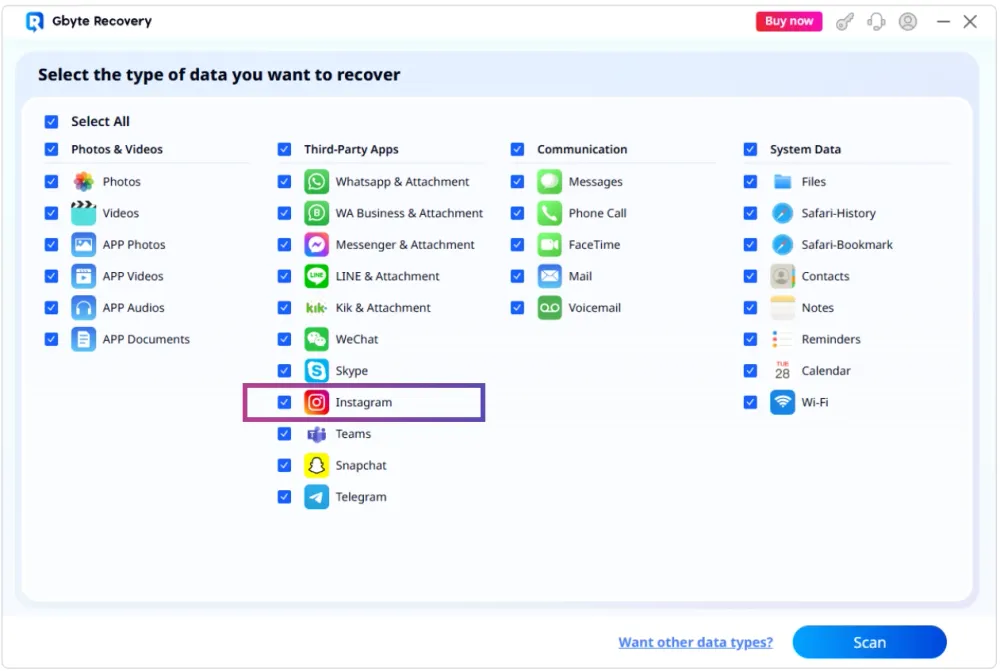 Select Instagram Data on Gbyte Recovery before Scanning