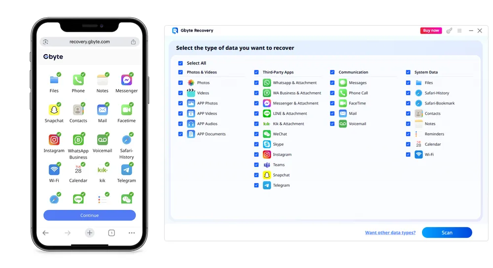 Choose Instagram Data on Gbyte Recovery