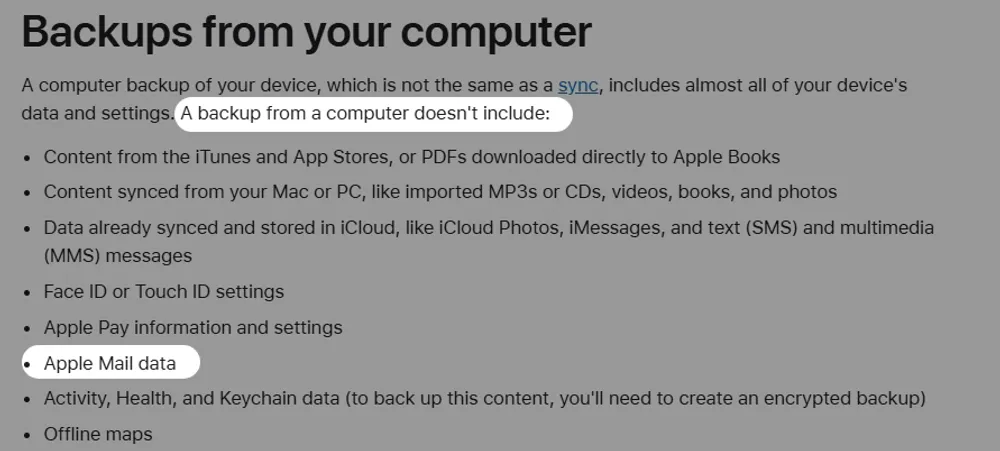 Screenshot from Apple Support page listing data included in Computer backups