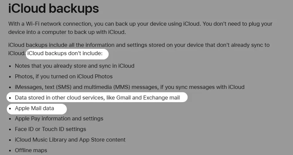 Official Apple Support explanation of iCloud backup contents