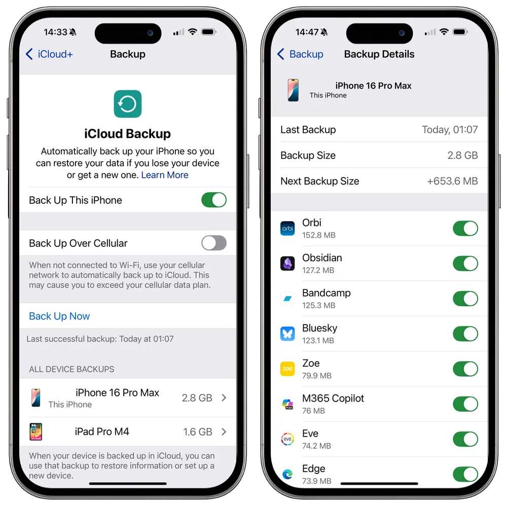 Screenshot of the iCloud Backup list on an iPhone, showing backup size and date