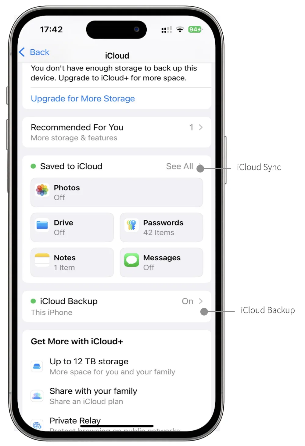 Screenshot showing the iCloud Backup and iCloud menu options on an iPhone