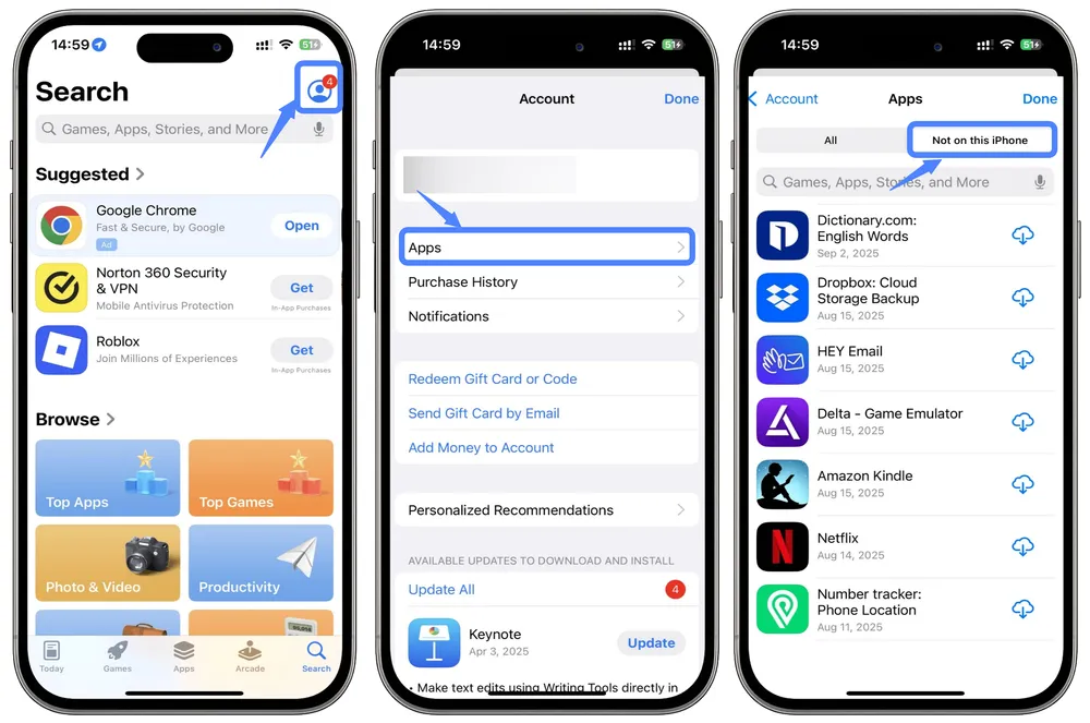 Steps to Find Downloded and Purchased App on App Store