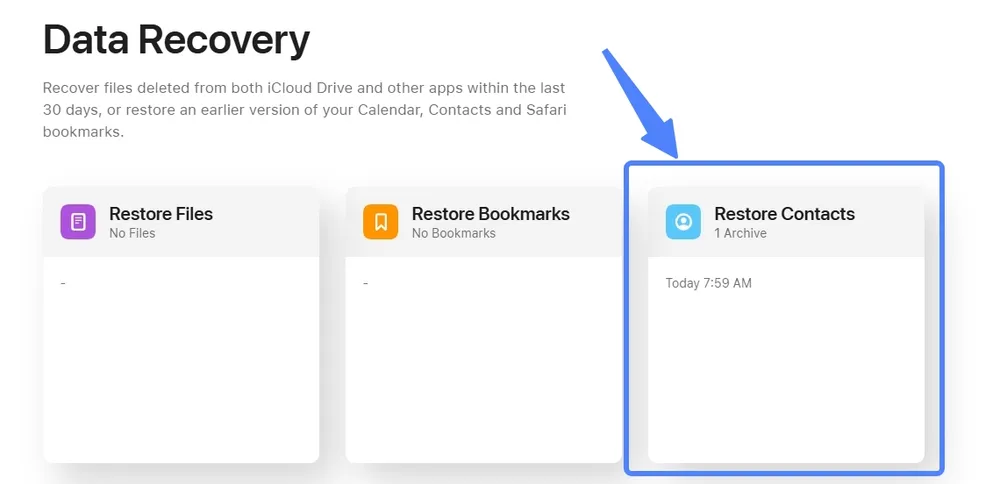 iCloud Data Recovery with “Restore Contacts” highlighted