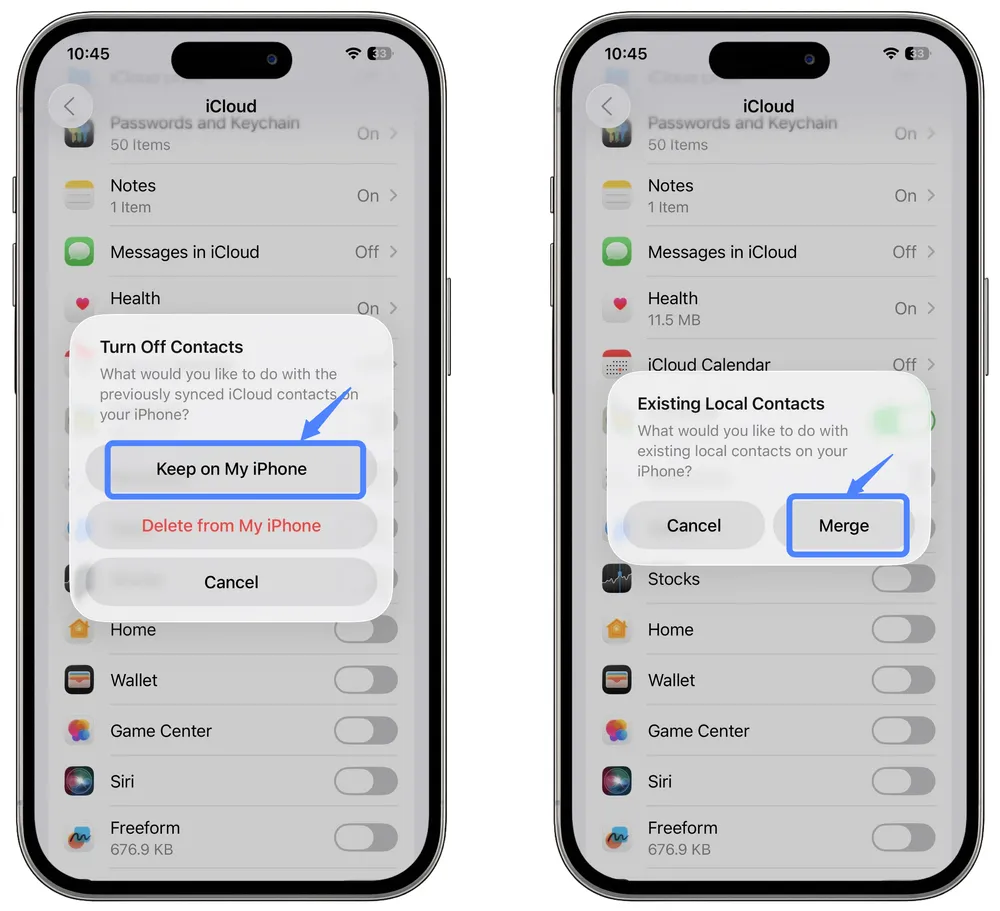 Screenshots show what to choose when re-open Contacts in iCloud