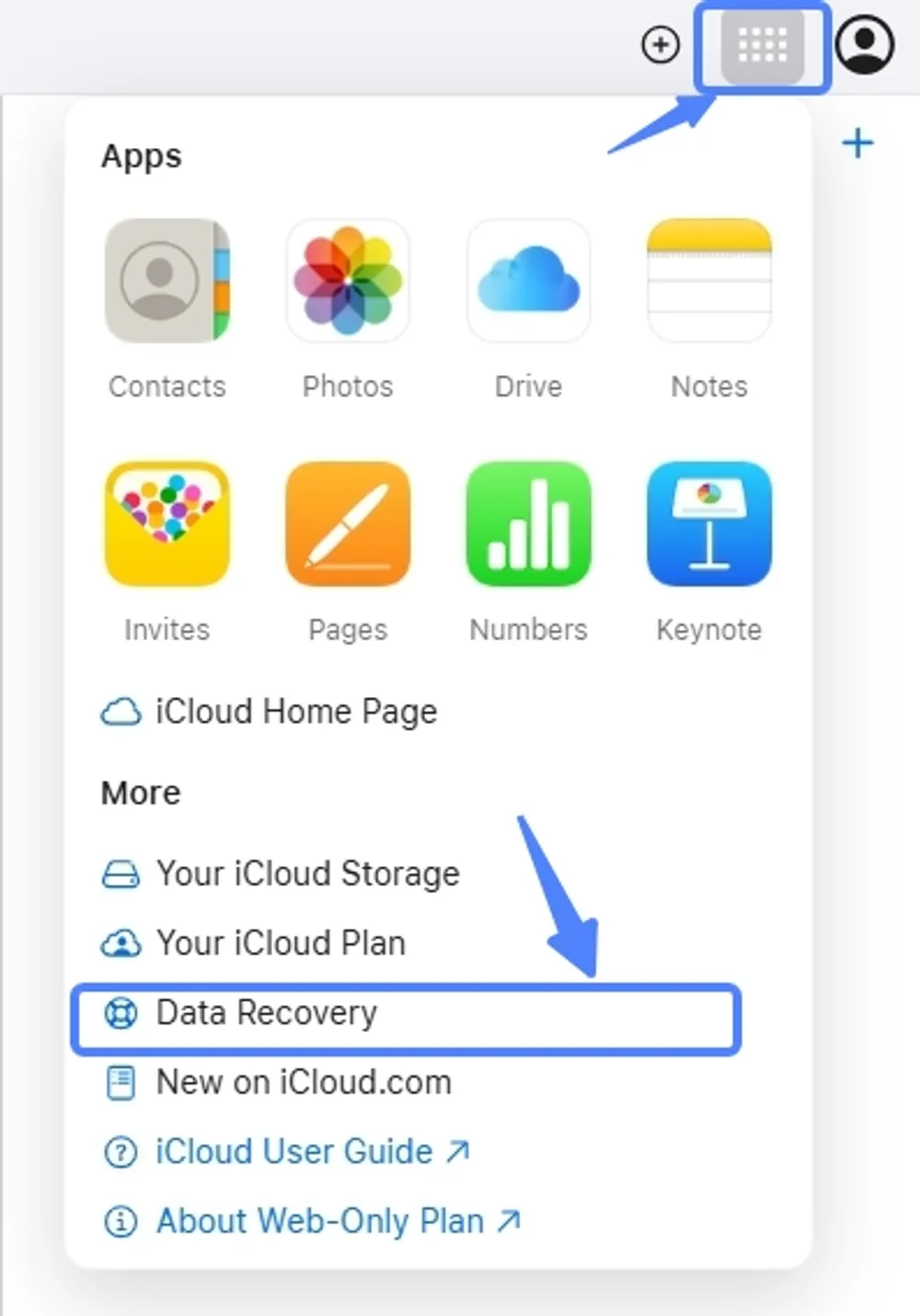 The location of the Contacts recovery option on iCloud