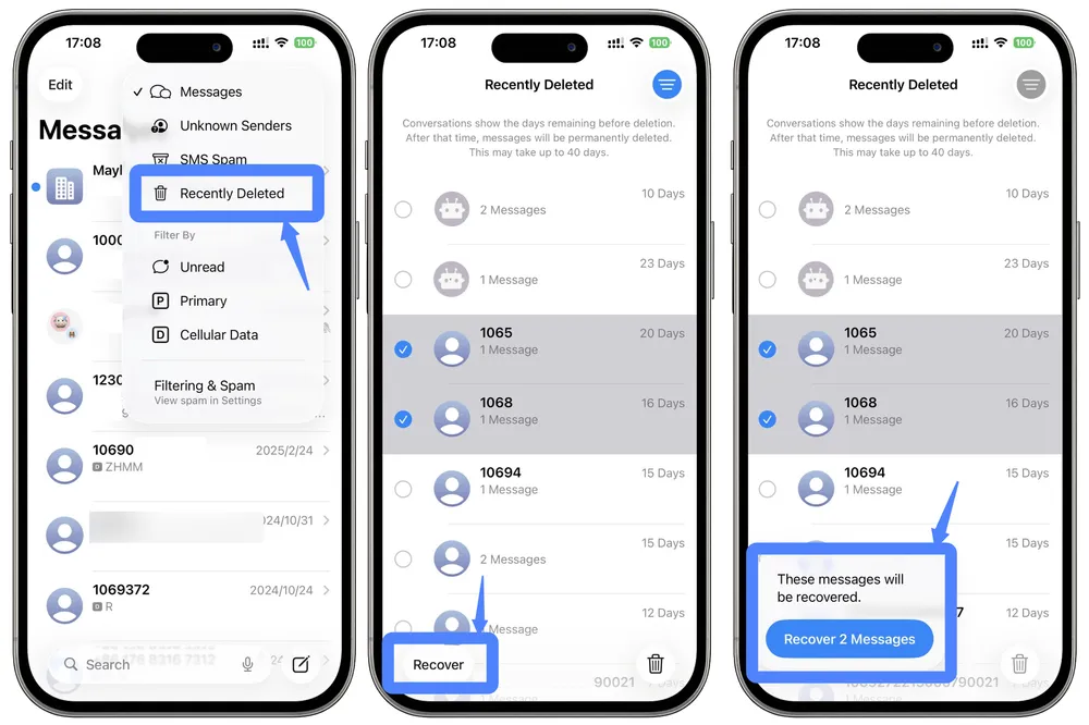Screenshot showing how to recover recently deleted iMessages