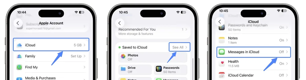 Steps to open Messages in iCloud settings