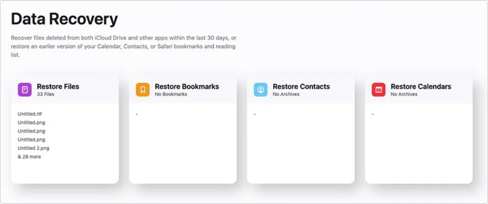 Data recovery section on icloud.com