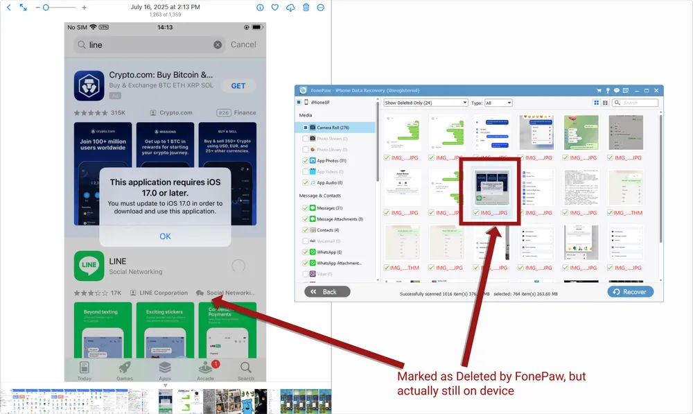 FonePaw interface displaying recovered data with photos incorrectly marked as deleted, compared side by side with the actual iPhone screenshot.