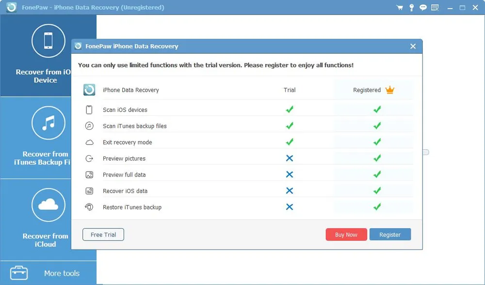 FonePaw pop-up showing the differences between free trial and paid version