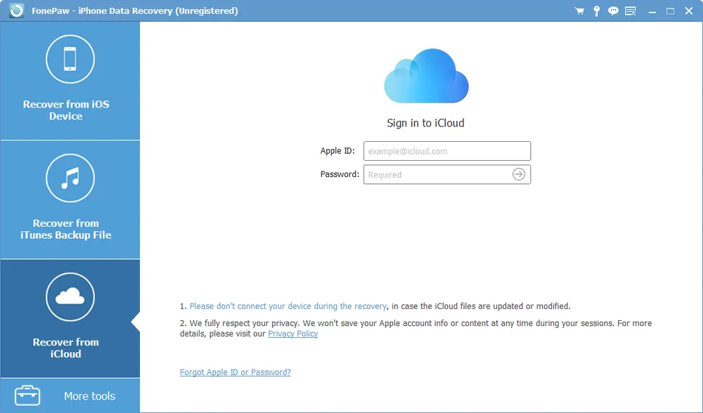 FonePaw iCloud scan interface