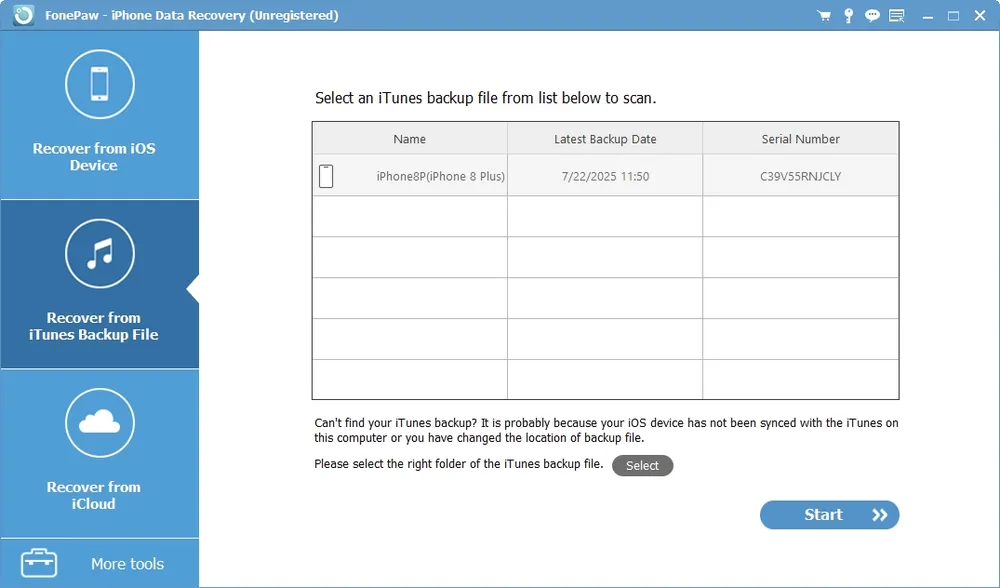 FonePaw iTunes Backup Scan Screenshot