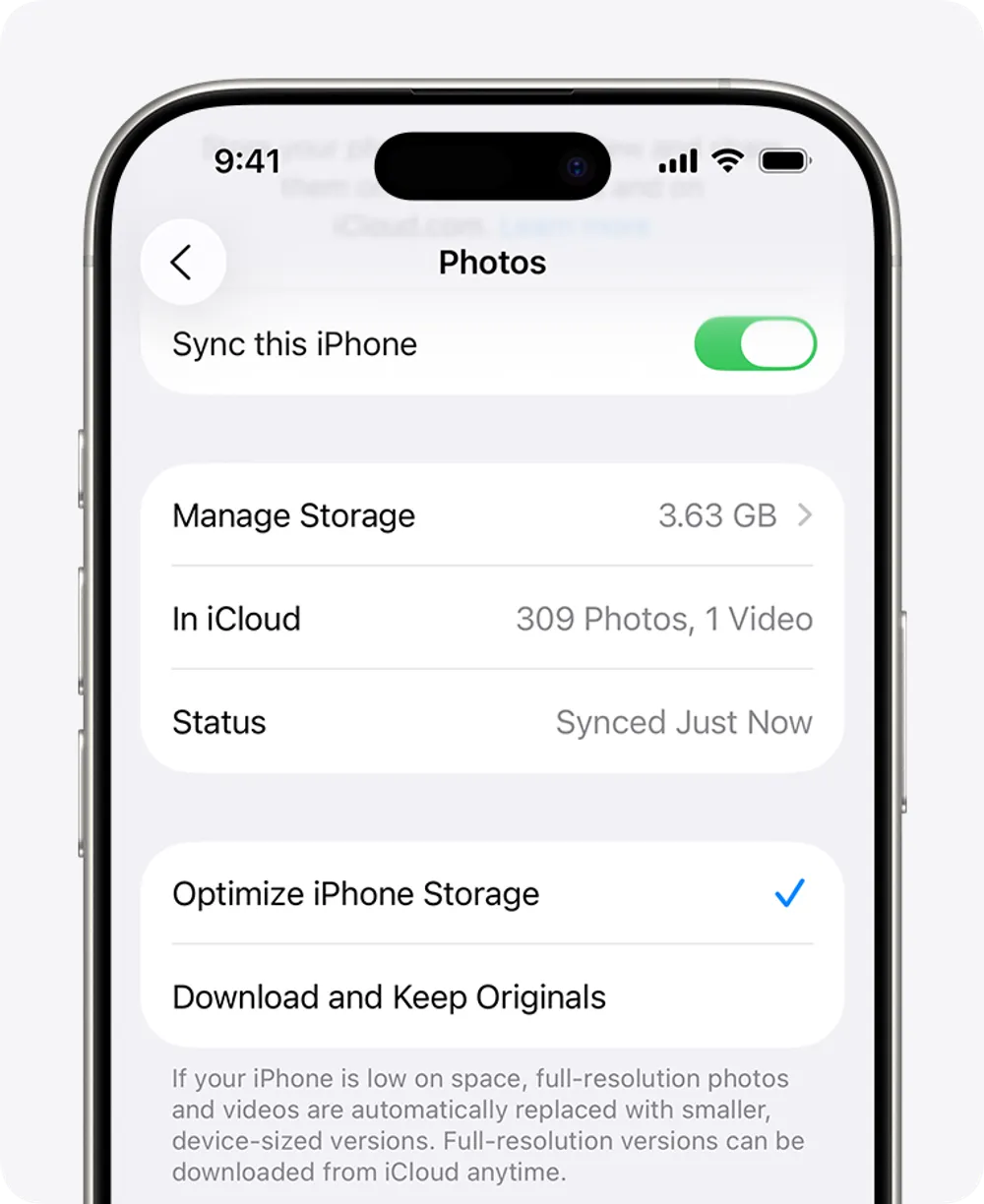 Screenshot showing Optimize iPhone Storage option