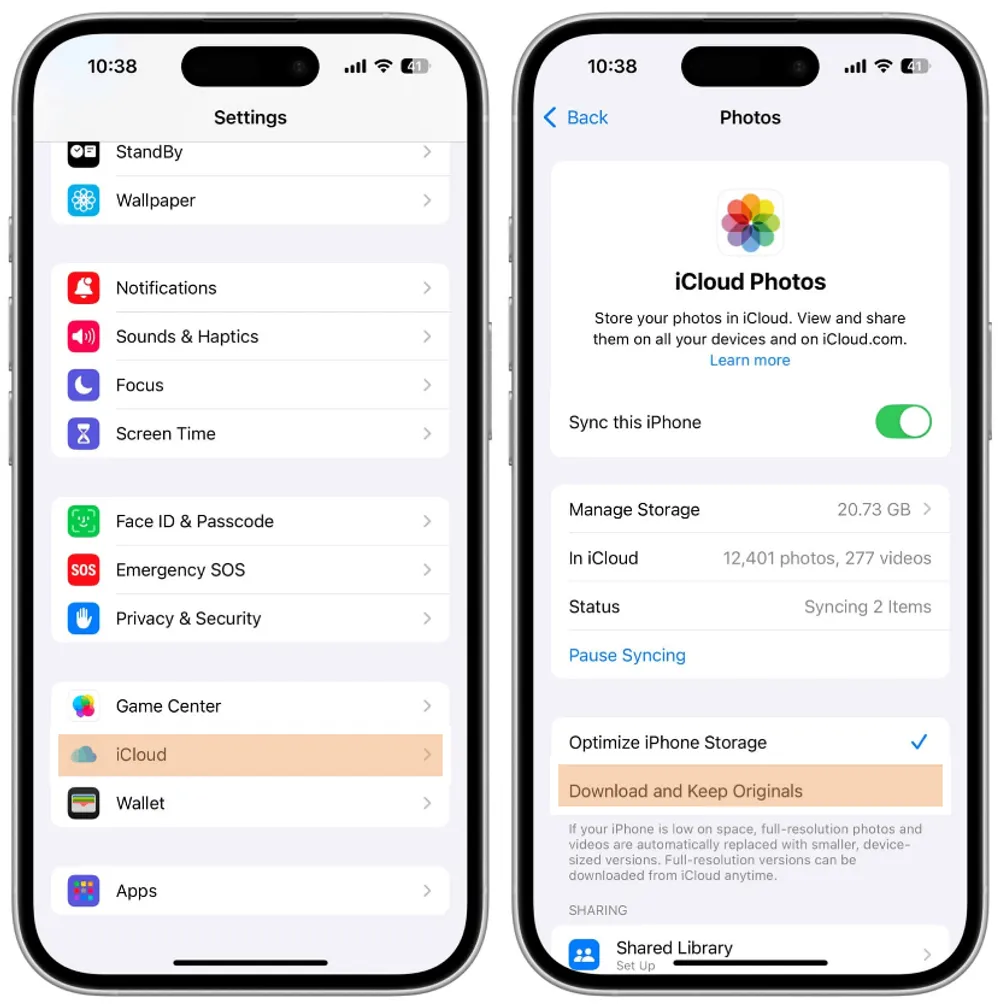 iPhone Settings path to iCloud Photos with “Download and Keep Originals” highlighted