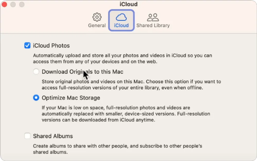 iCloud Photos settings on Mac with “Download Originals to this Mac” highlighted