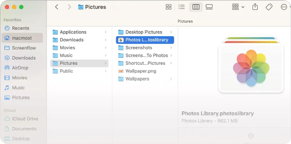 Finder window showing Photos Library file path location on Mac