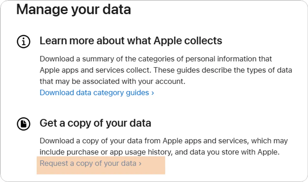 privacy.apple.com page with “Request a copy of your data” button highlighted