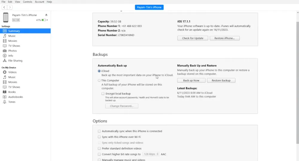 iTunes device summary interface showing the backups section.