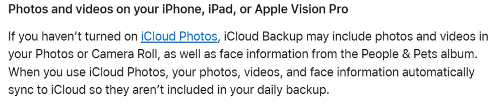 Apple iCloud support page explaining that photos are stored in iCloud Backup if iCloud Photos is not enabled
