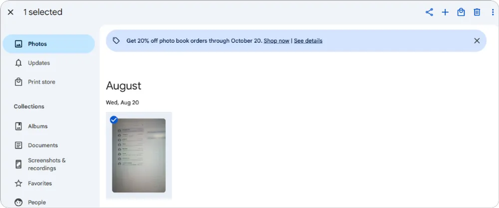 Google Photos interface on PC with one picture selected