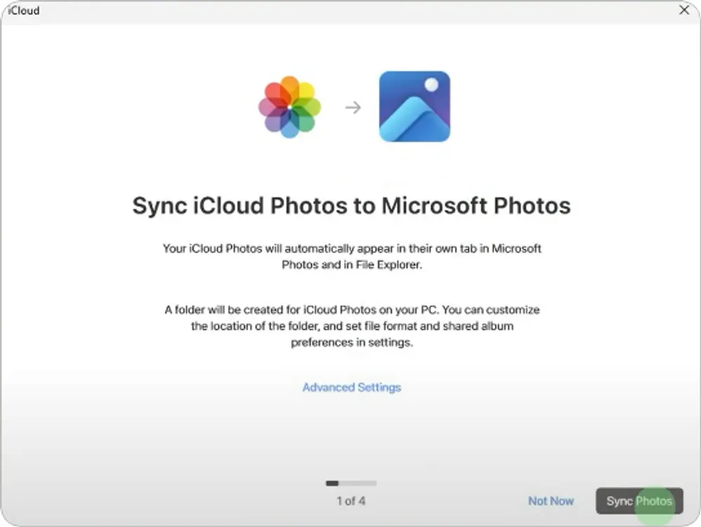 iCloud for Windows setup page asking users to sync iCloud Photos to PC