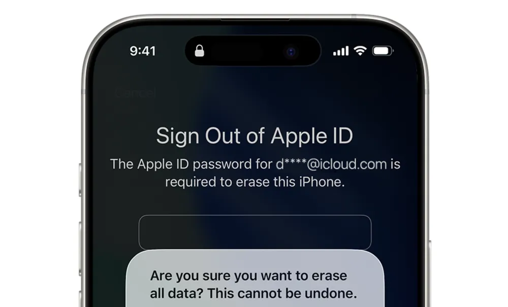 iPhone screen showing the “Sign out of Apple ID” to reset a locked iPhone without a computer.