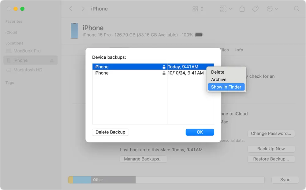 Finder window on Mac showing a list of iPhone backups stored locally on the computer.