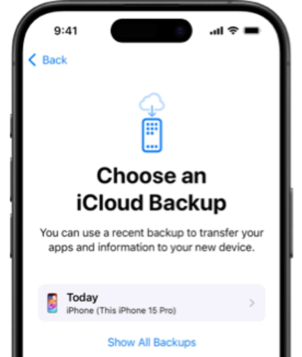 iPhone Choose an iCloud Backup screen with one backup in the backup list.
