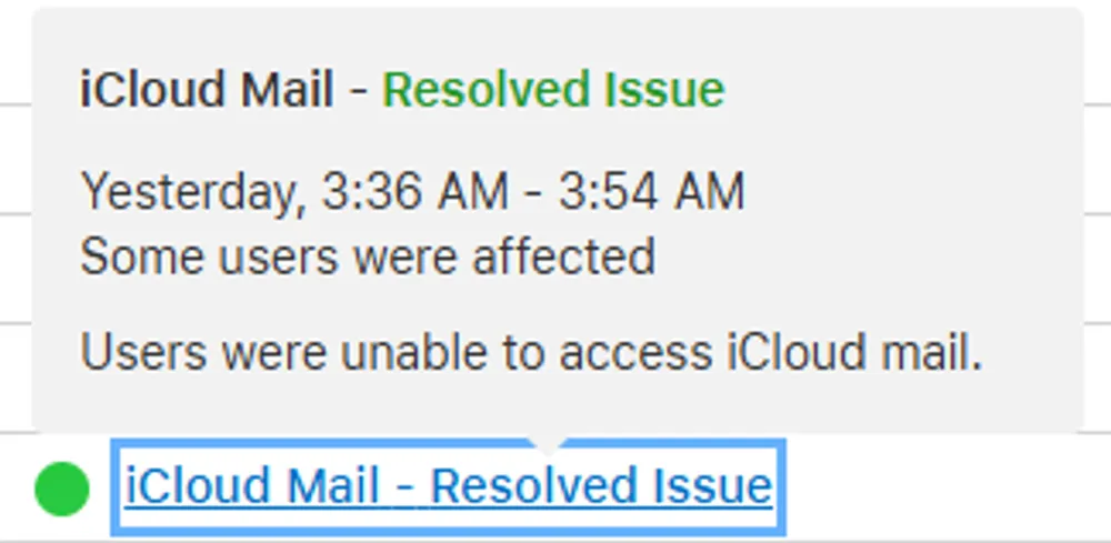 iCloud Mail status showing resolved issue that affected some users