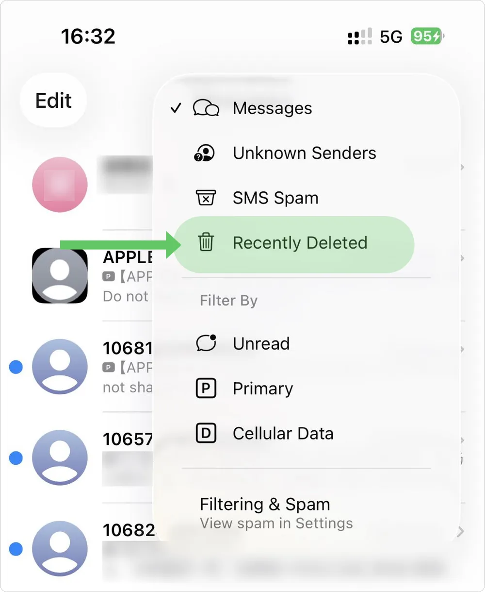 Recently Deleted folder in Messages App