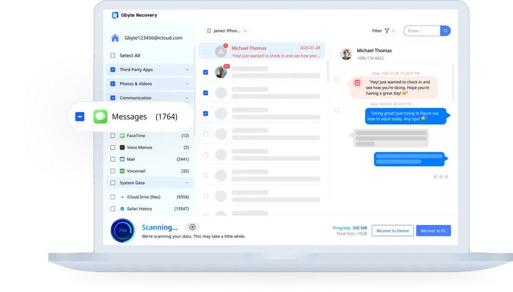 Gbyte Recovery scanning result page displaying hidden and deleted iPhone messages found in iCloud.