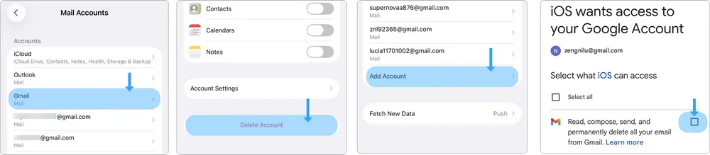 Steps to remove and re-add a Gmail account on iPhone