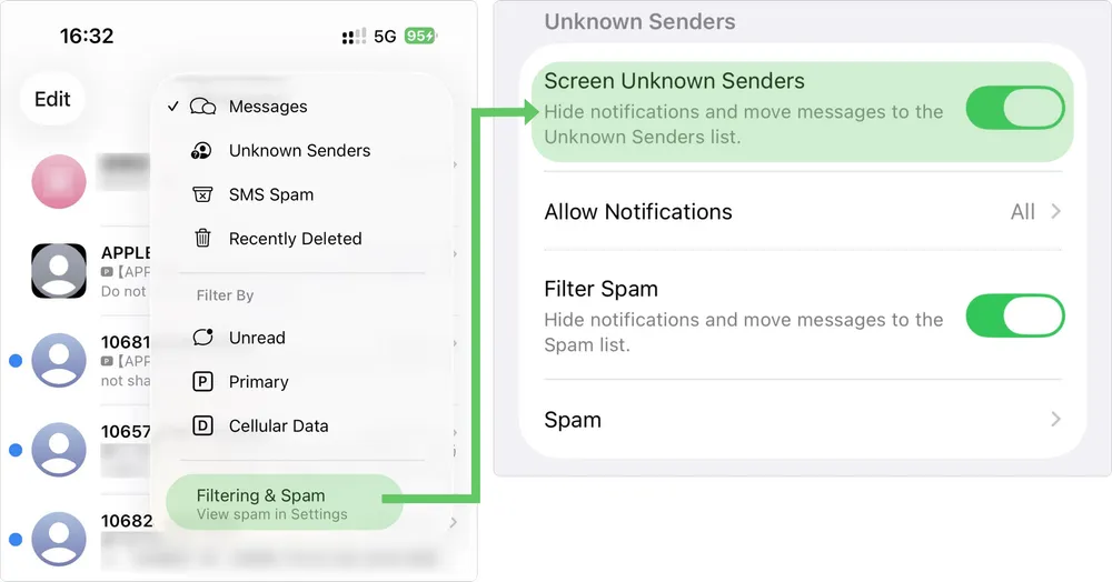 Steps to unhide unknown senders on iPhone