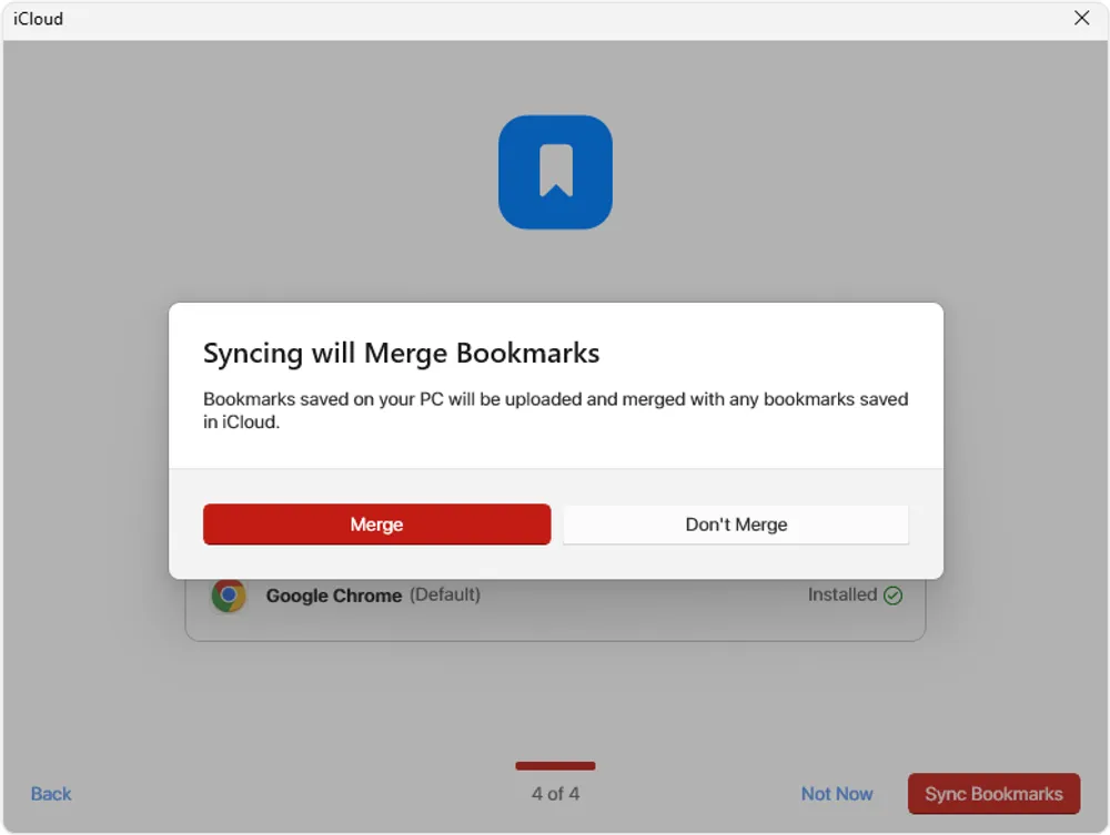 iCloud for Windows prompt to merge Safari bookmarks, offering "Merge" and "Don't Merge" options, with "Merge" pre-selected
