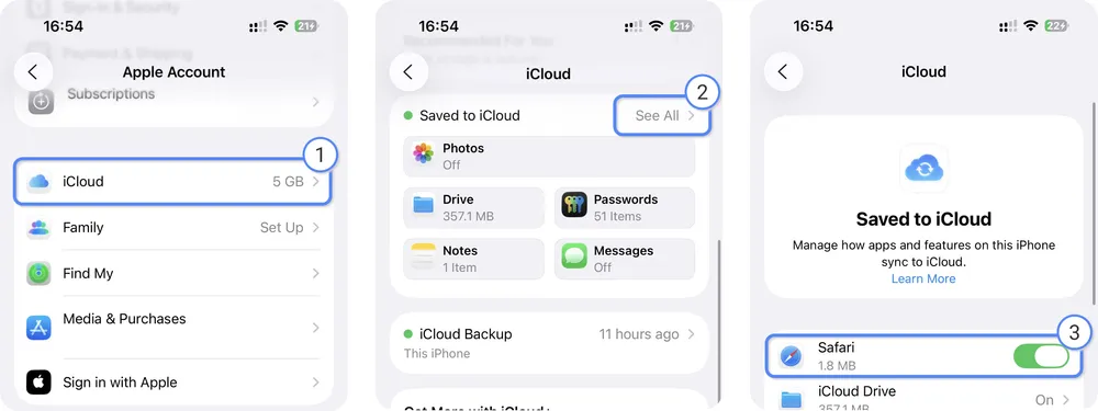 Steps to turn on Safari for iCloud on iPhone