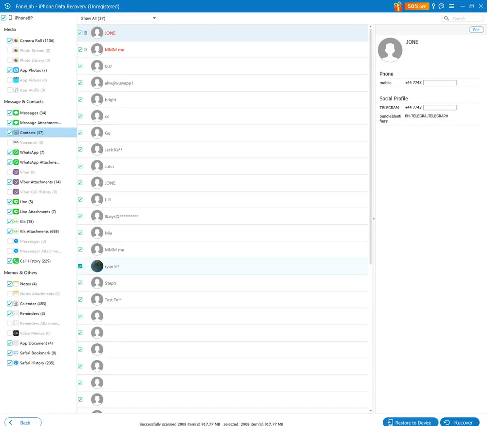 contacts scan results using fonelab usb connection mode
