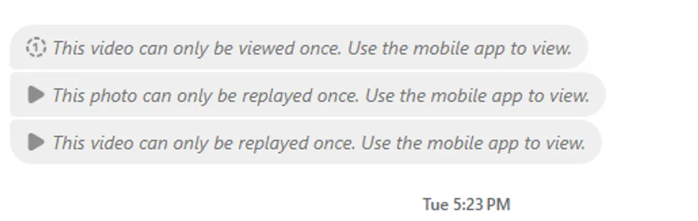 Warning message displayed on the computer for temporary videos and photos, prompting users to view them on the mobile app.