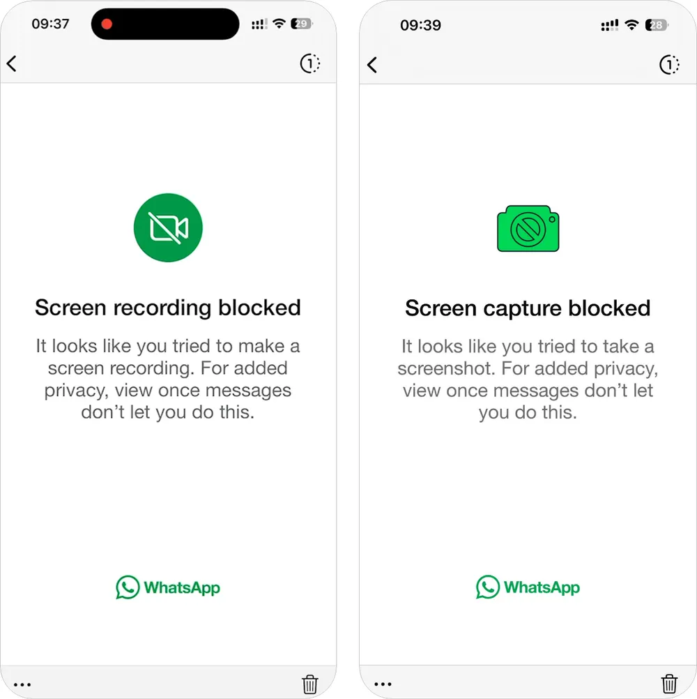 WhatsApp showing a “Screen recording blocked” and “Screen capture blocked” message when trying to record or screenshot a View Once photo.
