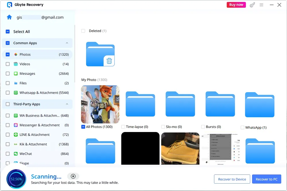 Gbyte Recovery Scanned Results of Photos in iCloud Backup