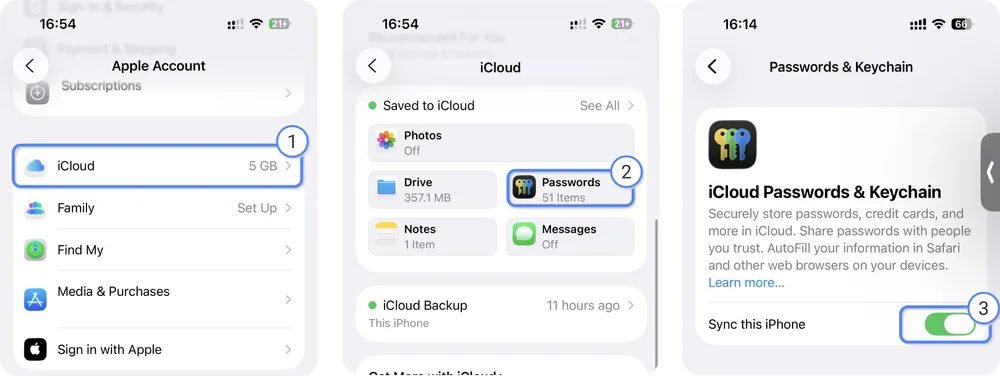 Steps to turn on iCloud Passwords & Keychain on iPhone