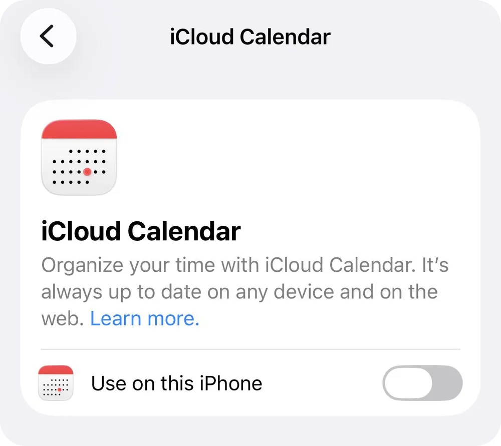 iCloud Calendar in iCloud Settings with Use on this iPhone option turned off