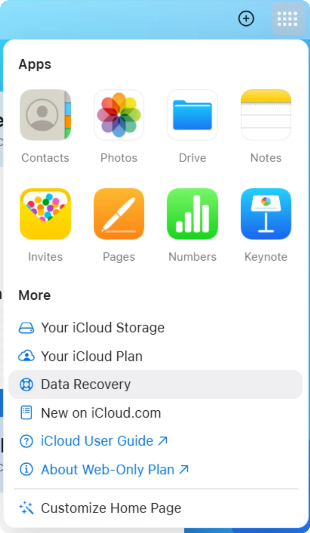 iCloud.com menu with the 'Data Recovery' option highlighted on hover.