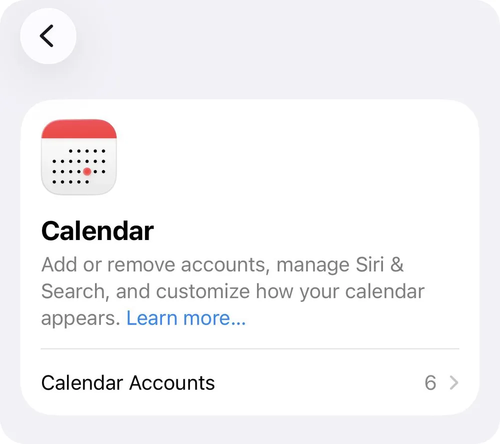 alendar settings on an iPhone displaying six calendar accounts.