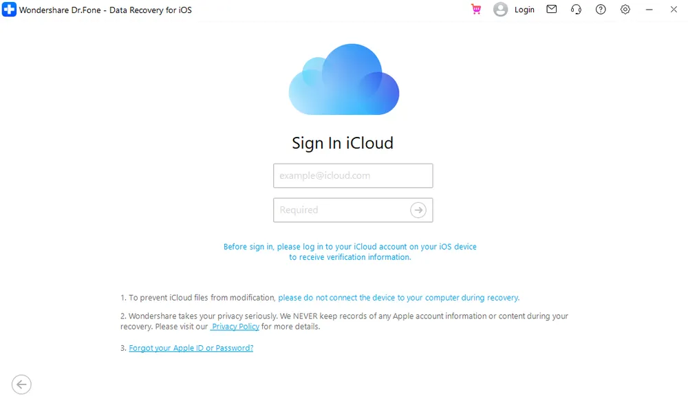 Dr.Fone iCloud Data Recovery Interface