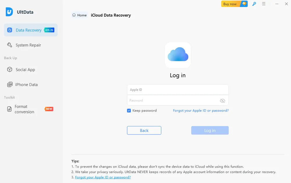 UltData iCloud Data Recovery Interface