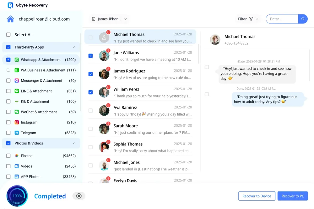 Gbyte Recovery for iOS showing scanned Messages and Chats