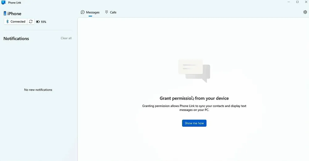 Phone Link screen requesting required permissions on the iPhone