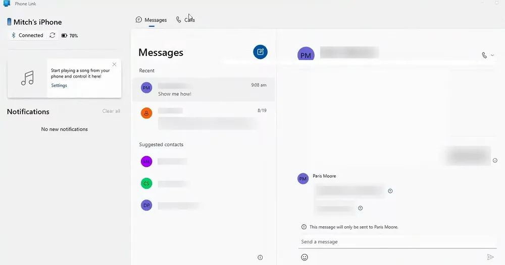 Phone Link interface after permissions are granted showing iphone message list, conversation view, and typing box