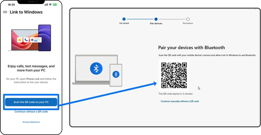 Scanning the QR code on PC with iPhone to connect via Link to Windows and Phone Link apps.